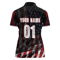 Motocross Rider Women Polo Shirt with American Flag Background and Extreme Text in Red and Black Grunge Design - Wonder Print Shop