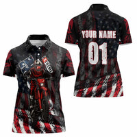Motocross Rider Women Polo Shirt with American Flag Background and Extreme Text in Red and Black Grunge Design - Wonder Print Shop