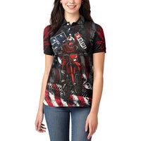 Motocross Rider Women Polo Shirt with American Flag Background and Extreme Text in Red and Black Grunge Design - Wonder Print Shop