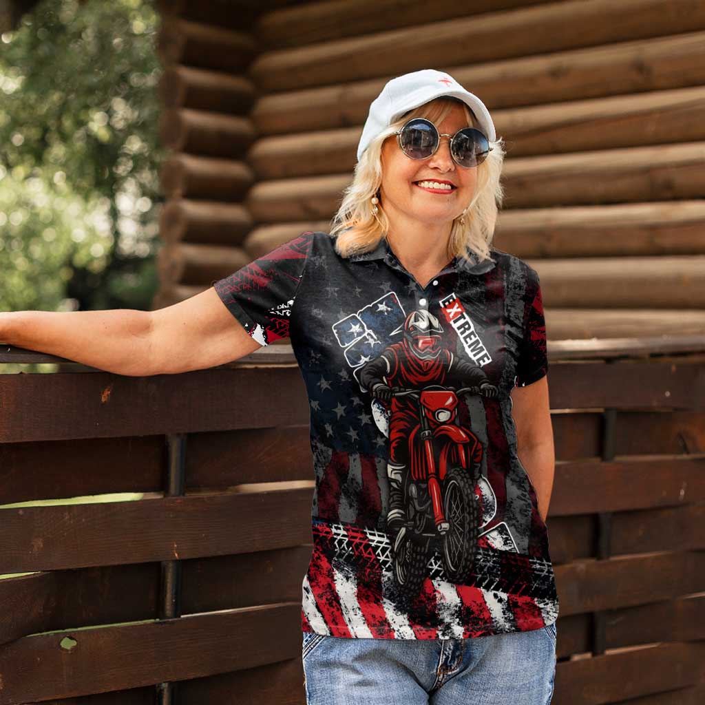 Motocross Rider Women Polo Shirt with American Flag Background and Extreme Text in Red and Black Grunge Design - Wonder Print Shop