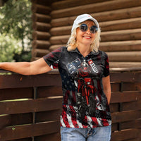 Motocross Rider Women Polo Shirt with American Flag Background and Extreme Text in Red and Black Grunge Design - Wonder Print Shop