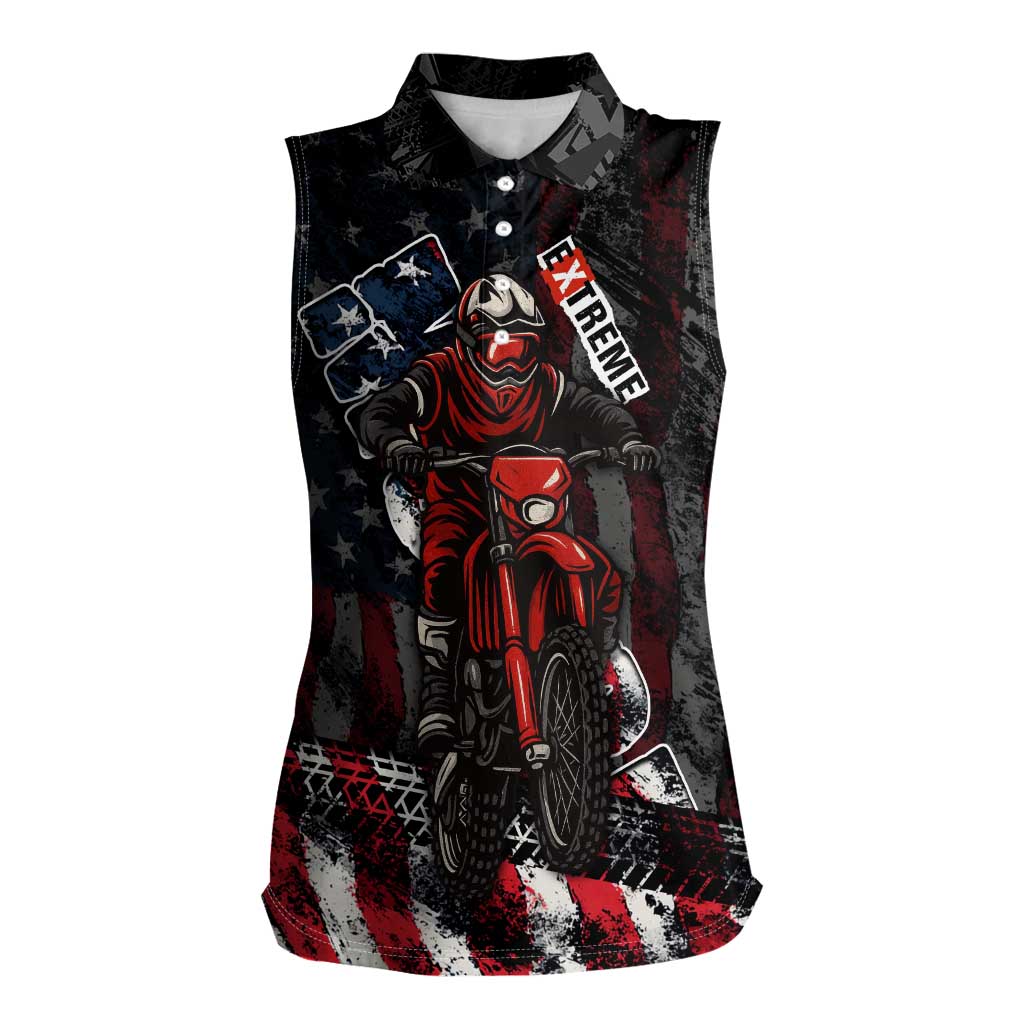 Motocross Rider Women Sleeveless Polo Shirt with American Flag Background and Extreme Text in Red and Black Grunge Design - Wonder Print Shop