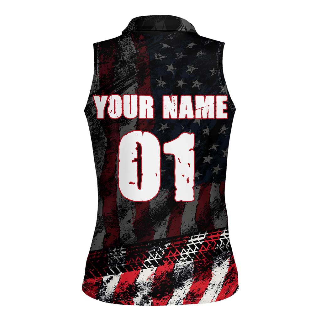 Motocross Rider Women Sleeveless Polo Shirt with American Flag Background and Extreme Text in Red and Black Grunge Design - Wonder Print Shop