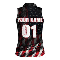 Motocross Rider Women Sleeveless Polo Shirt with American Flag Background and Extreme Text in Red and Black Grunge Design - Wonder Print Shop
