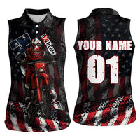 Motocross Rider Women Sleeveless Polo Shirt with American Flag Background and Extreme Text in Red and Black Grunge Design - Wonder Print Shop