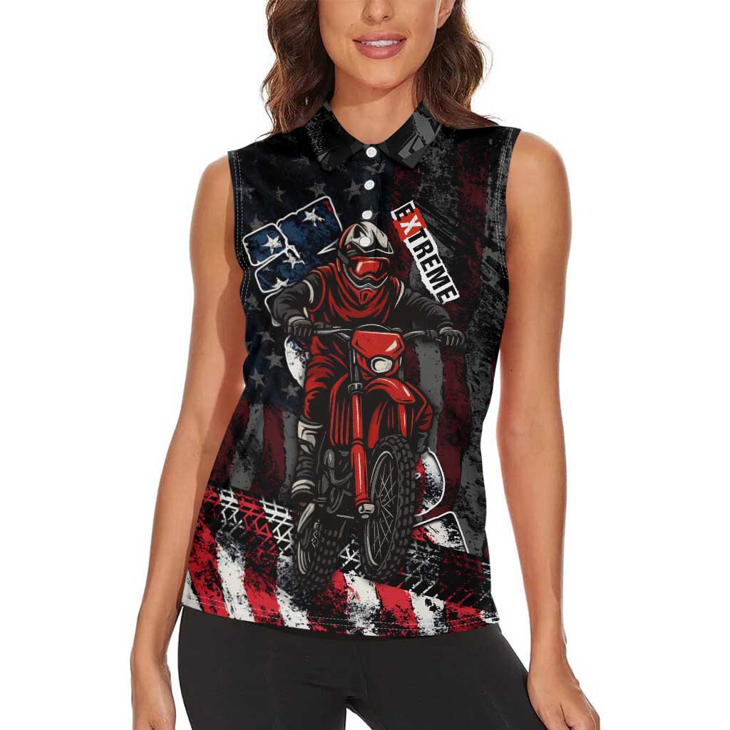 Motocross Rider Women Sleeveless Polo Shirt with American Flag Background and Extreme Text in Red and Black Grunge Design - Wonder Print Shop