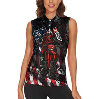 Motocross Rider Women Sleeveless Polo Shirt with American Flag Background and Extreme Text in Red and Black Grunge Design - Wonder Print Shop