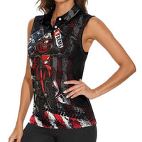 Motocross Rider Women Sleeveless Polo Shirt with American Flag Background and Extreme Text in Red and Black Grunge Design - Wonder Print Shop