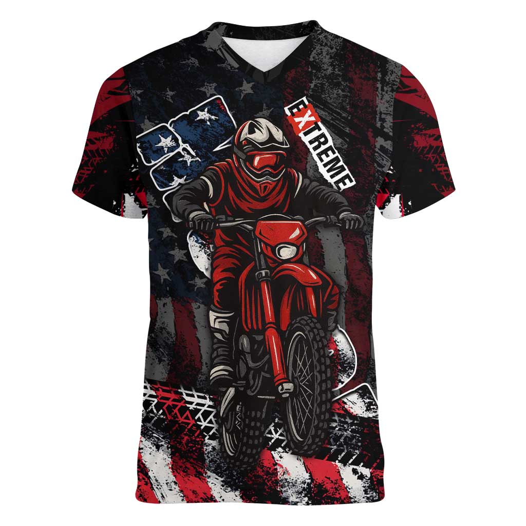 Motocross Rider Women V-Neck T-Shirt with American Flag Background and Extreme Text in Red and Black Grunge Design - Wonder Print Shop