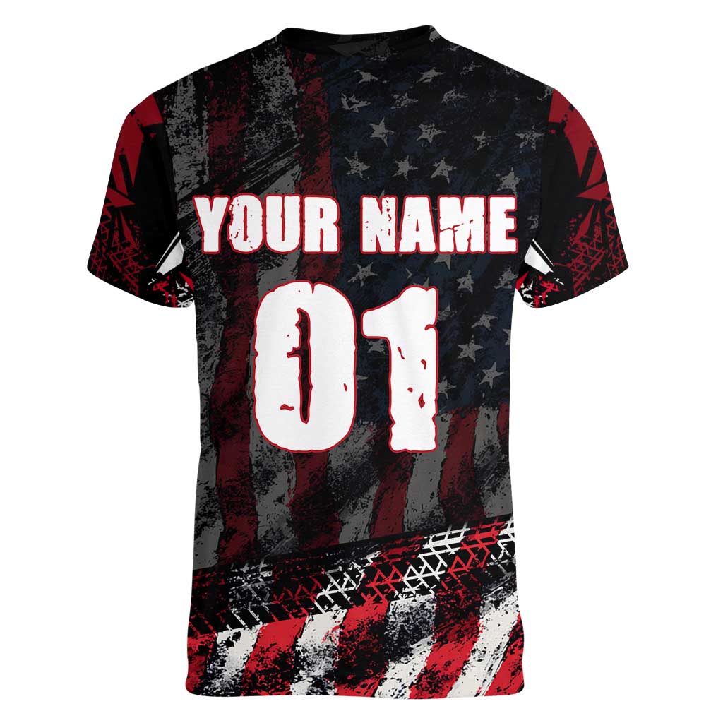 Motocross Rider Women V-Neck T-Shirt with American Flag Background and Extreme Text in Red and Black Grunge Design - Wonder Print Shop