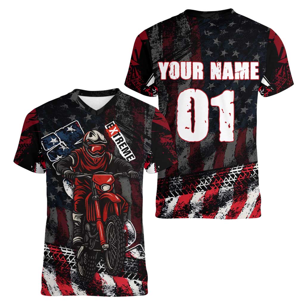 Motocross Rider Women V-Neck T-Shirt with American Flag Background and Extreme Text in Red and Black Grunge Design - Wonder Print Shop