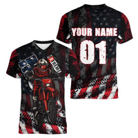 Motocross Rider Women V-Neck T-Shirt with American Flag Background and Extreme Text in Red and Black Grunge Design - Wonder Print Shop