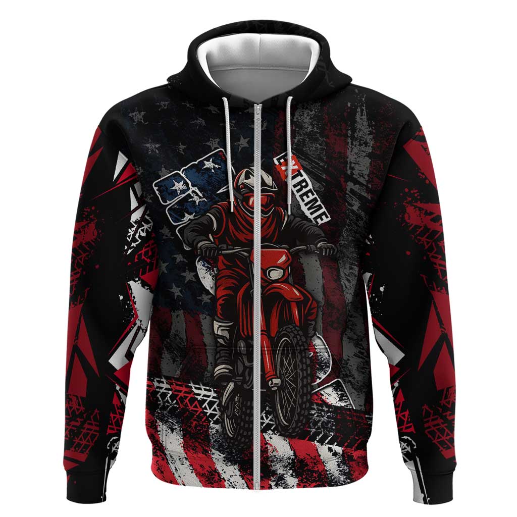 Motocross Rider Zip Hoodie with American Flag Background and Extreme Text in Red and Black Grunge Design - Wonder Print Shop