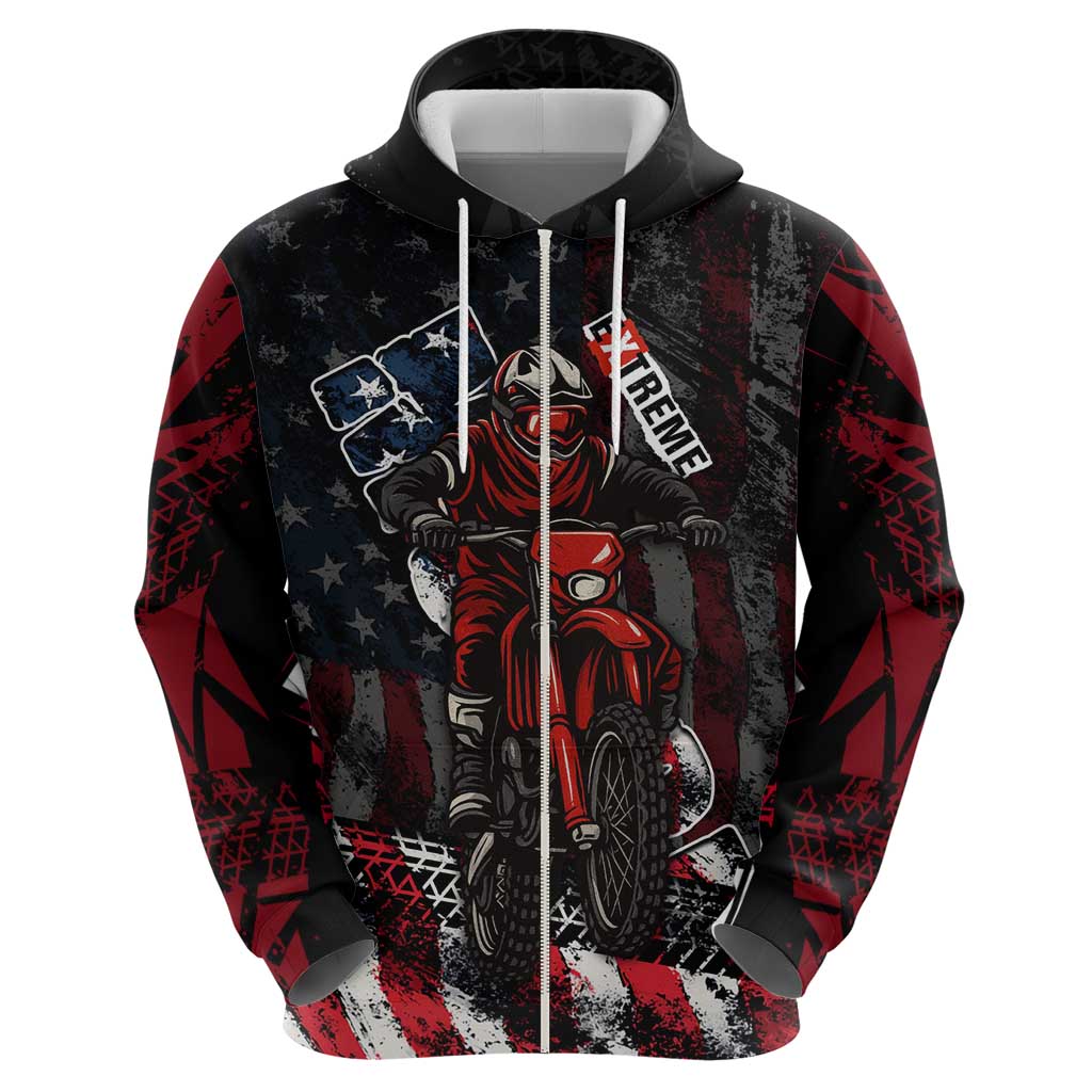 Motocross Rider Zip Hoodie with American Flag Background and Extreme Text in Red and Black Grunge Design - Wonder Print Shop