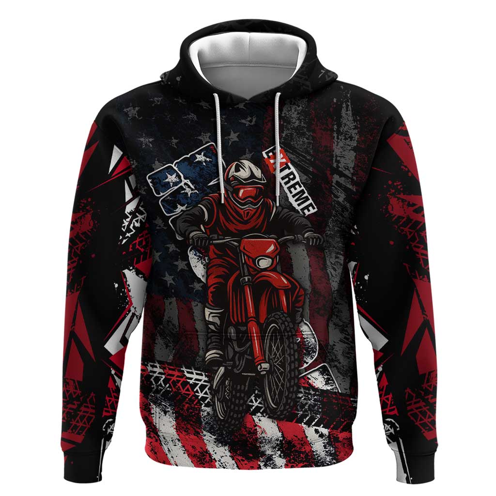 Motocross Rider Zip Hoodie with American Flag Background and Extreme Text in Red and Black Grunge Design - Wonder Print Shop
