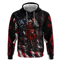 Motocross Rider Zip Hoodie with American Flag Background and Extreme Text in Red and Black Grunge Design - Wonder Print Shop