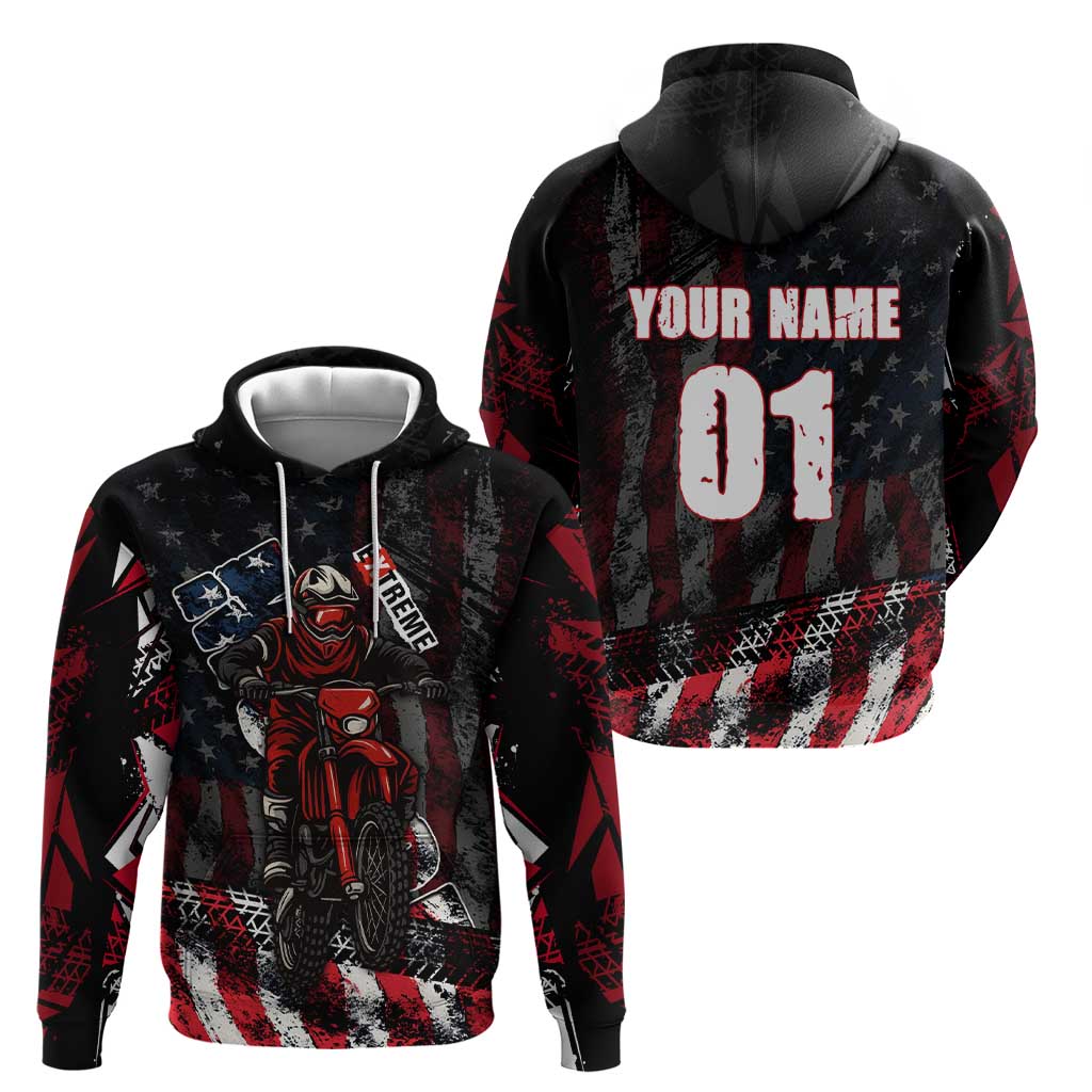 Motocross Rider Zip Hoodie with American Flag Background and Extreme Text in Red and Black Grunge Design - Wonder Print Shop