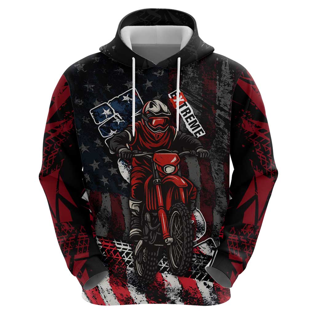 Motocross Rider Zip Hoodie with American Flag Background and Extreme Text in Red and Black Grunge Design - Wonder Print Shop