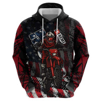 Motocross Rider Zip Hoodie with American Flag Background and Extreme Text in Red and Black Grunge Design - Wonder Print Shop