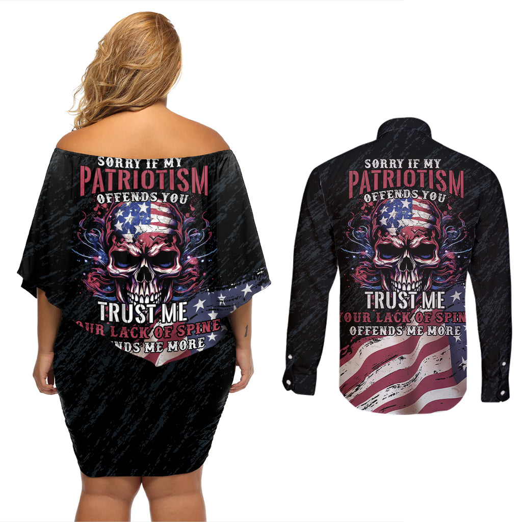 American Flag Skull Couples Matching Off Shoulder Short Dress and Long Sleeve Button Shirts Sorry If My Patriotism Offends You Trust Me - Wonder Print Shop