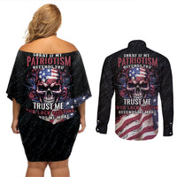 American Flag Skull Couples Matching Off Shoulder Short Dress and Long Sleeve Button Shirts Sorry If My Patriotism Offends You Trust Me - Wonder Print Shop