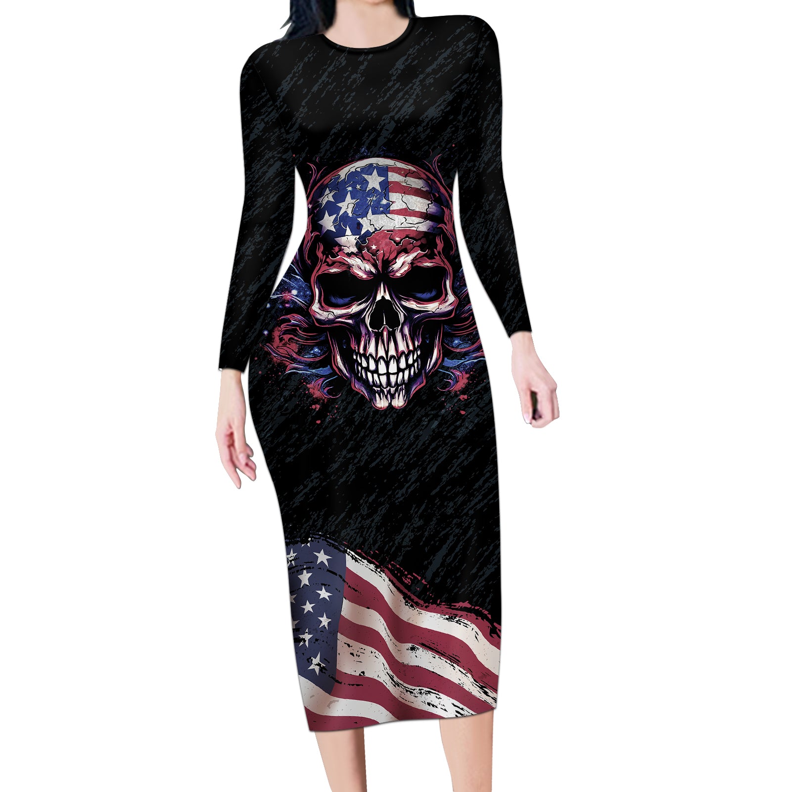 American Flag Skull Long Sleeve Bodycon Dress Sorry If My Patriotism Offends You Trust Me - Wonder Print Shop