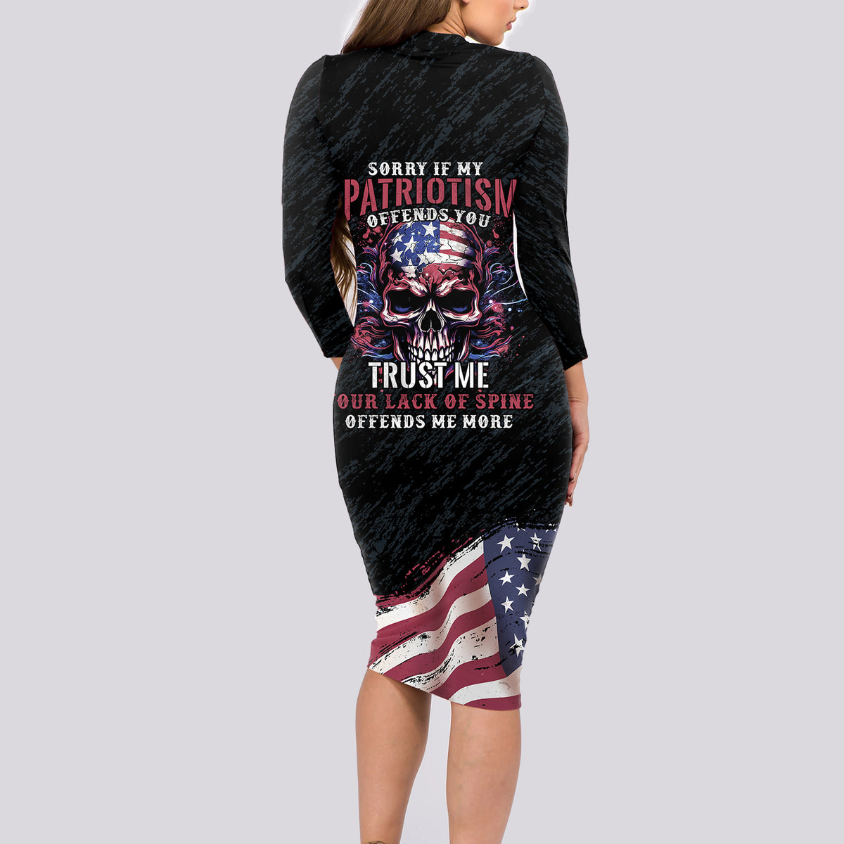 American Flag Skull Long Sleeve Bodycon Dress Sorry If My Patriotism Offends You Trust Me - Wonder Print Shop