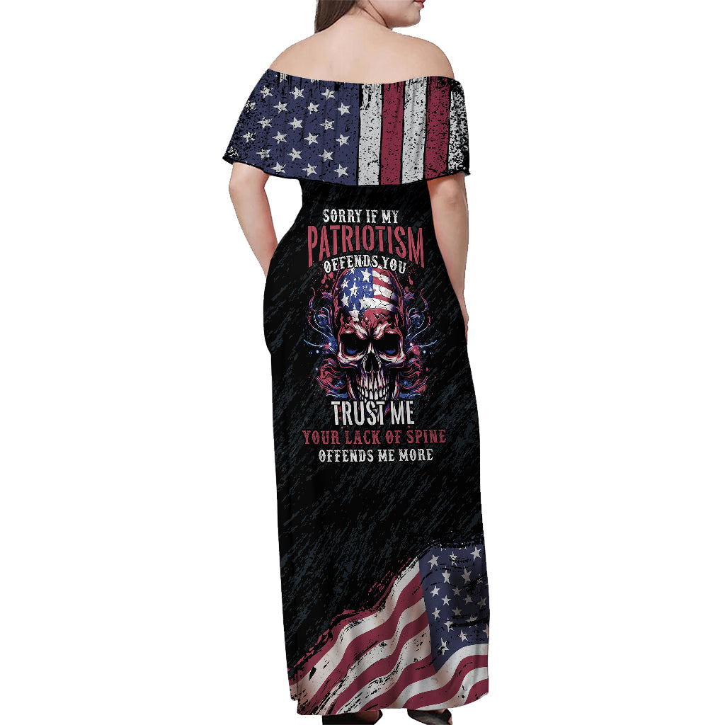 American Flag Skull Off Shoulder Maxi Dress Sorry If My Patriotism Offends You Trust Me - Wonder Print Shop