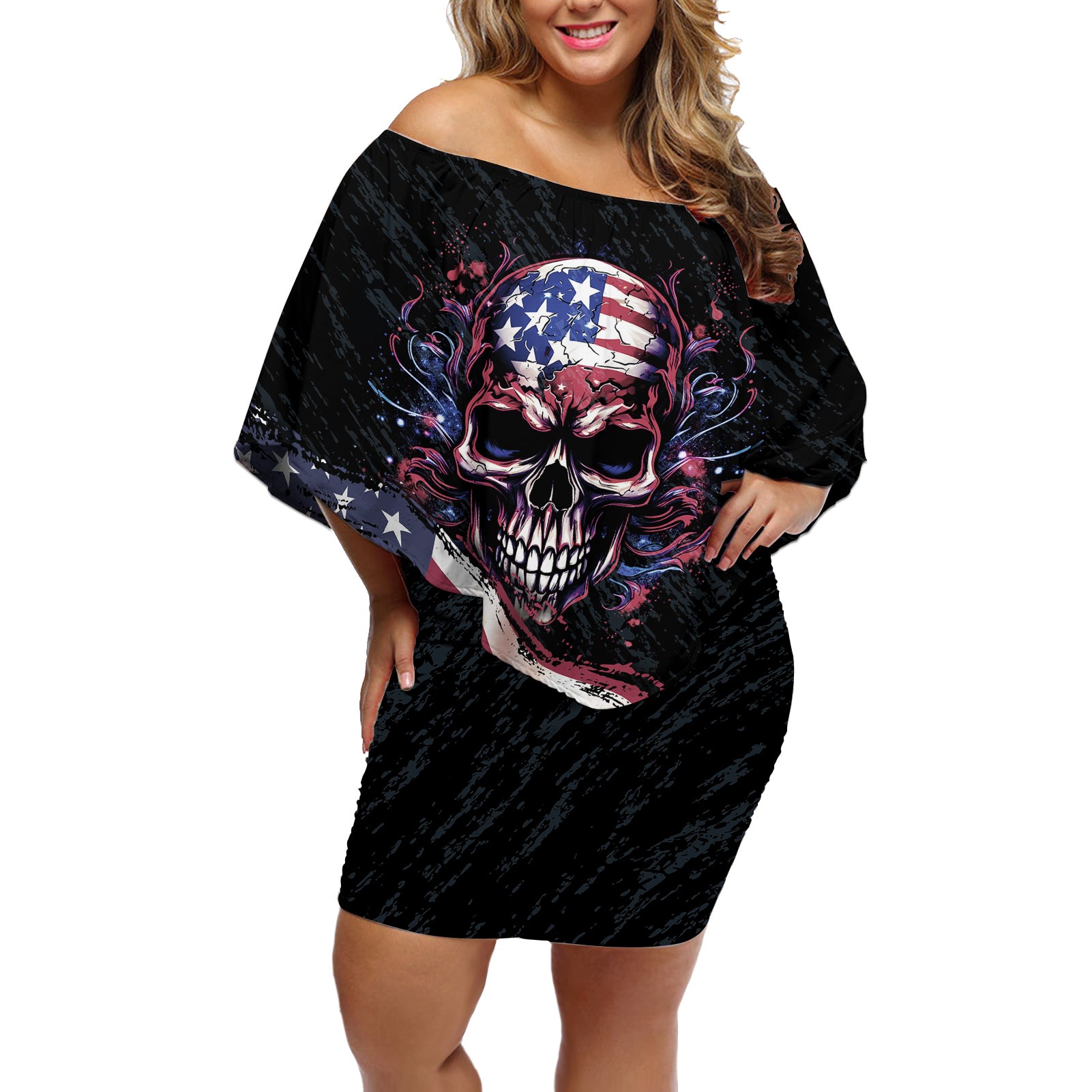 American Flag Skull Off Shoulder Short Dress Sorry If My Patriotism Offends You Trust Me - Wonder Print Shop