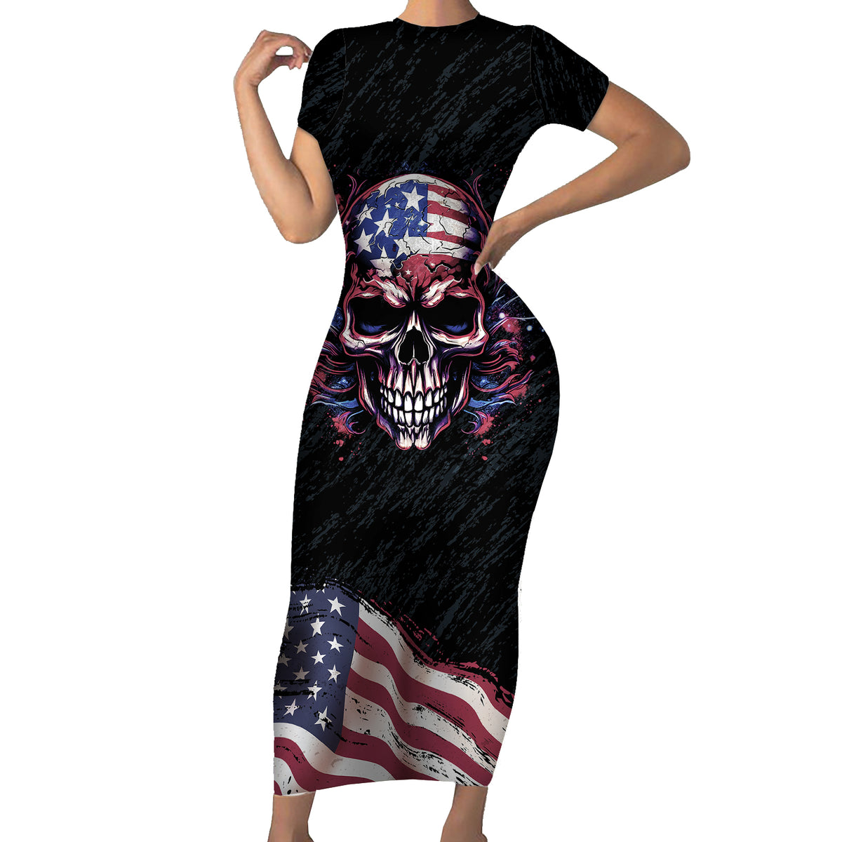 American Flag Skull Short Sleeve Bodycon Dress Sorry If My Patriotism Offends You Trust Me - Wonder Print Shop