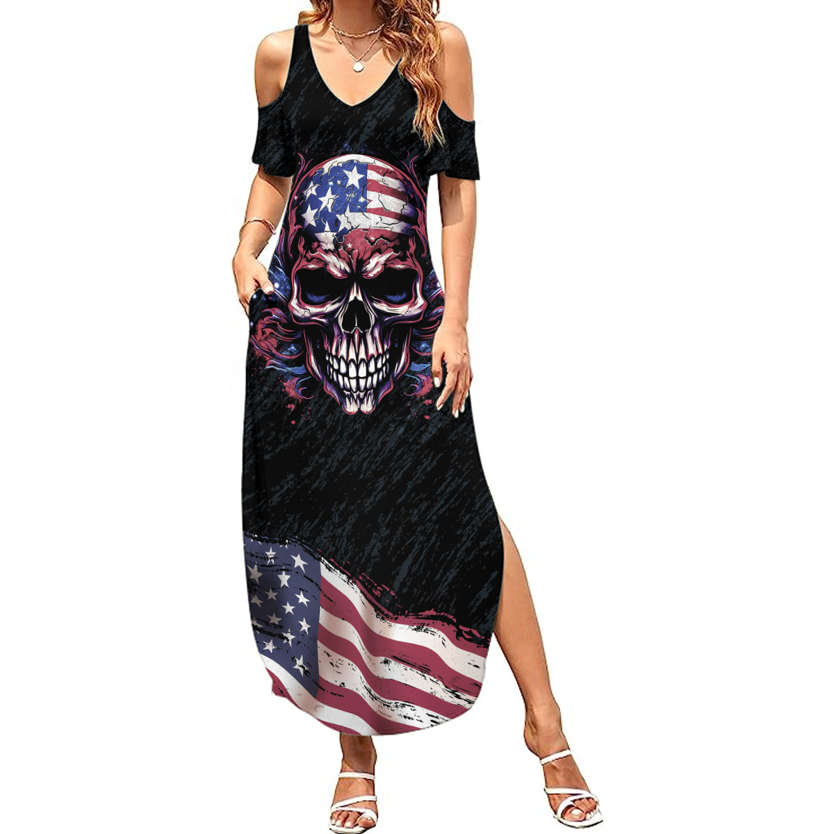 American Flag Skull Summer Maxi Dress Sorry If My Patriotism Offends You Trust Me - Wonder Print Shop