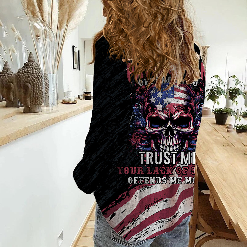 American Flag Skull Women Casual Shirt Sorry If My Patriotism Offends You Trust Me - Wonder Print Shop