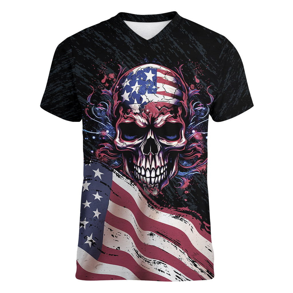 American Flag Skull Women V Neck T Shirt Sorry If My Patriotism Offends You Trust Me - Wonder Print Shop