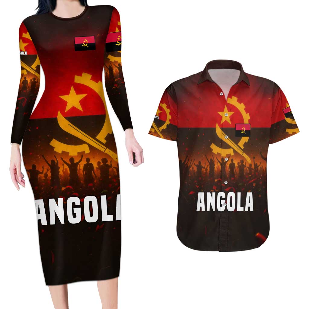 Angola Couples Matching Long Sleeve Bodycon Dress and Hawaiian Shirt with Red Black Yellow Grunge Design - Wonder Print Shop