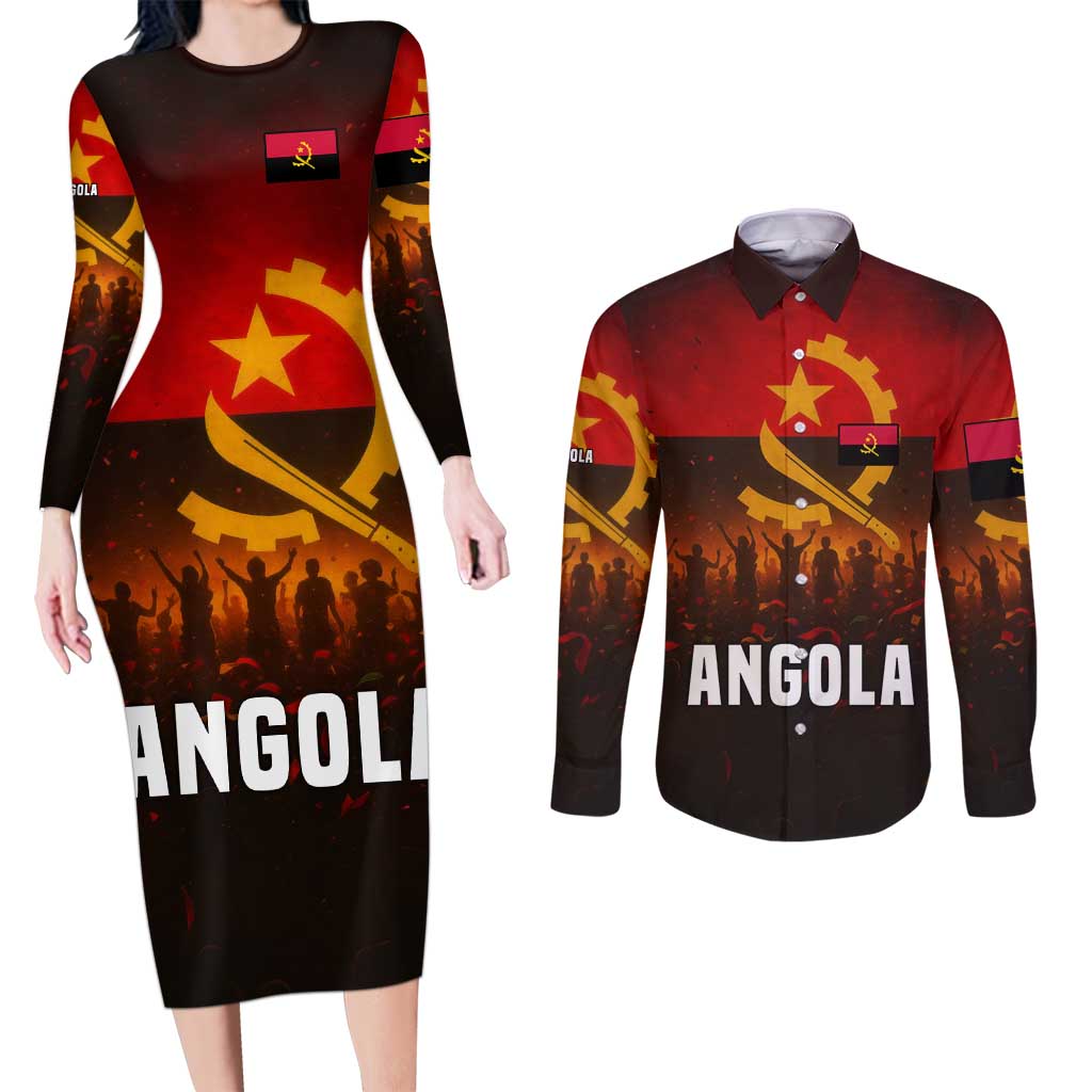 Angola Couples Matching Long Sleeve Bodycon Dress and Long Sleeve Button Shirt with Red Black Yellow Grunge Design - Wonder Print Shop