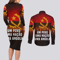 Angola Couples Matching Long Sleeve Bodycon Dress and Long Sleeve Button Shirt with Red Black Yellow Grunge Design - Wonder Print Shop