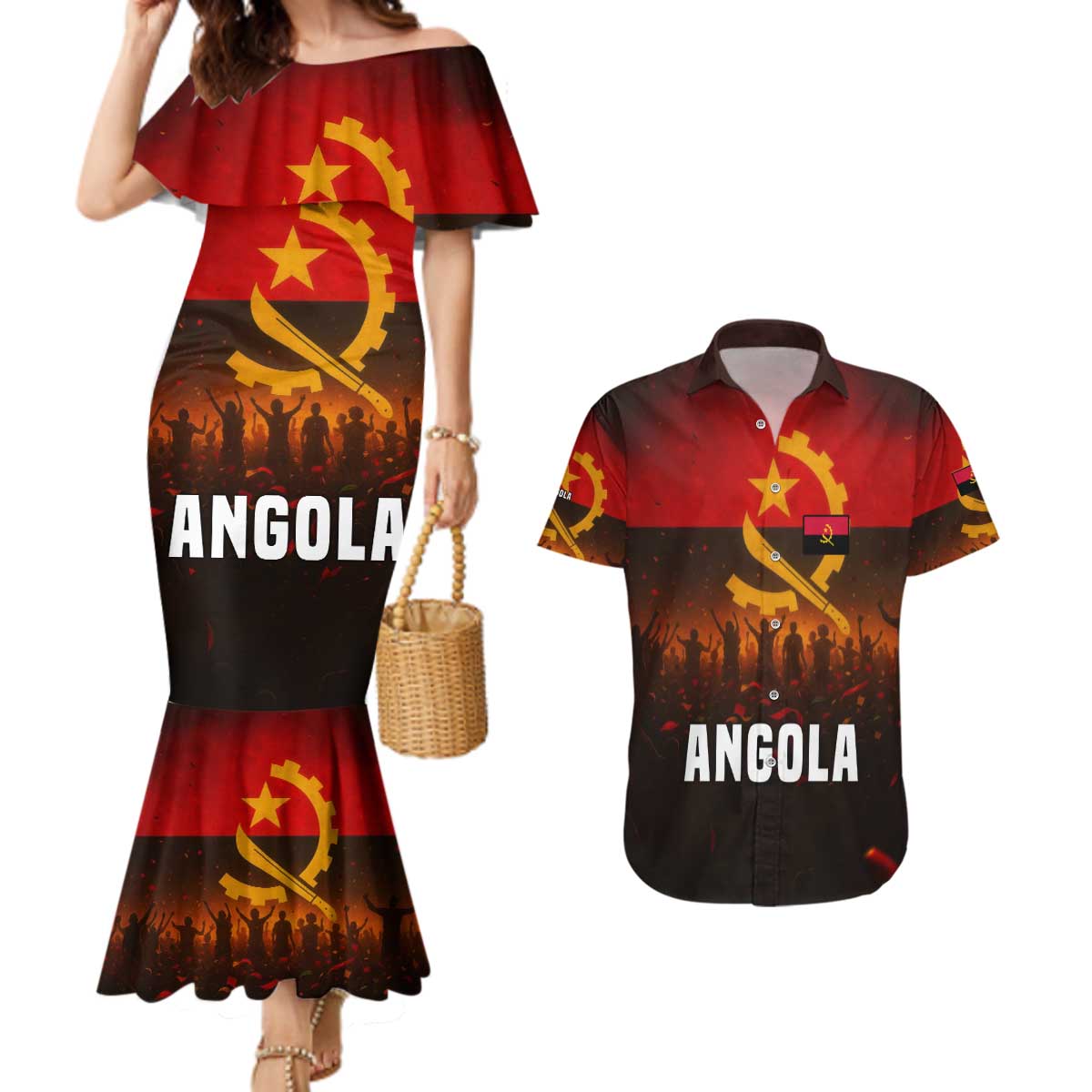 Angola Couples Matching Mermaid Dress and Hawaiian Shirt with Red Black Yellow Grunge Design - Wonder Print Shop