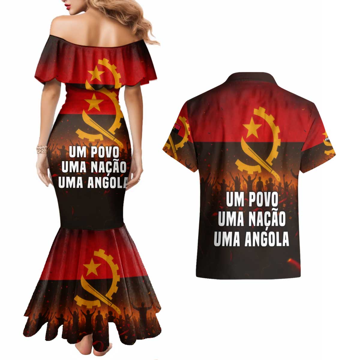 Angola Couples Matching Mermaid Dress and Hawaiian Shirt with Red Black Yellow Grunge Design - Wonder Print Shop