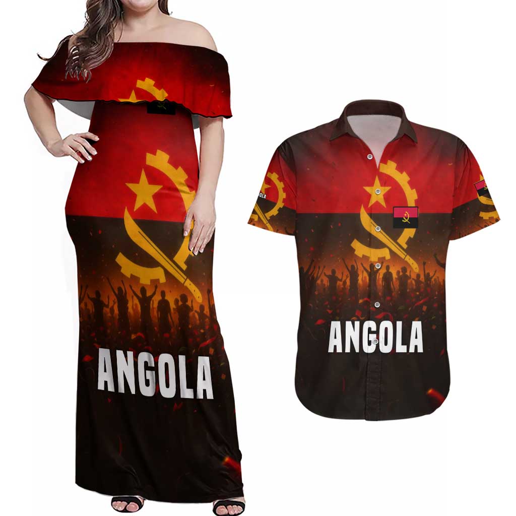 Angola Couples Matching Off Shoulder Maxi Dress and Hawaiian Shirt with Red Black Yellow Grunge Design - Wonder Print Shop