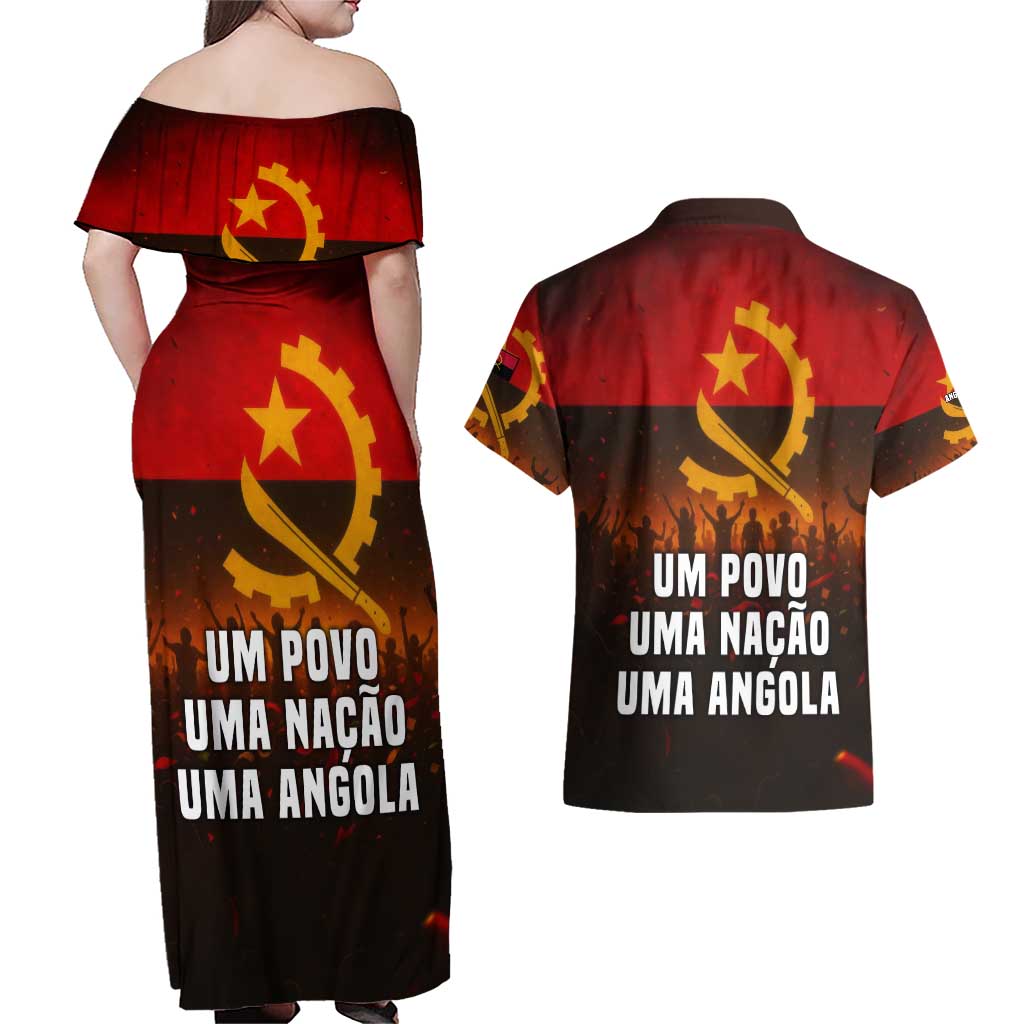 Angola Couples Matching Off Shoulder Maxi Dress and Hawaiian Shirt with Red Black Yellow Grunge Design - Wonder Print Shop