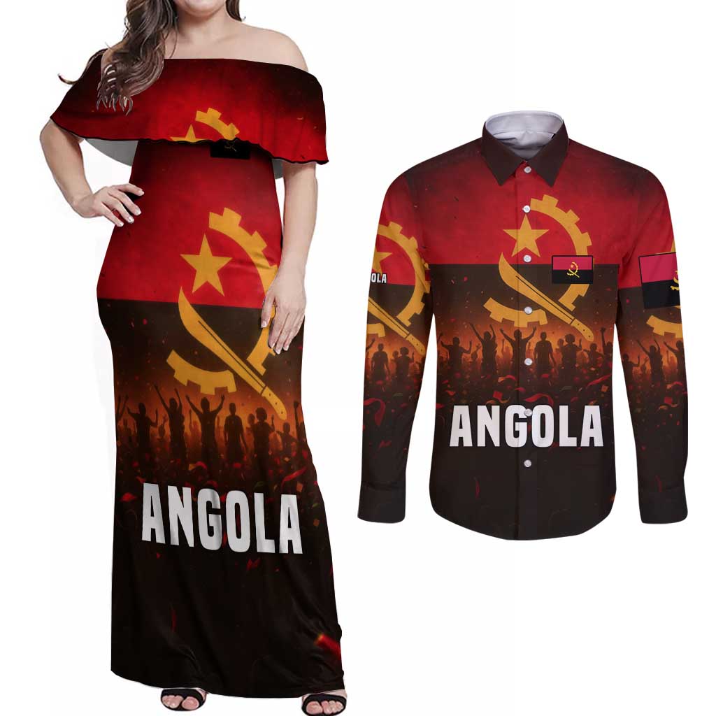 Angola Couples Matching Off Shoulder Maxi Dress and Long Sleeve Button Shirt with Red Black Yellow Grunge Design - Wonder Print Shop