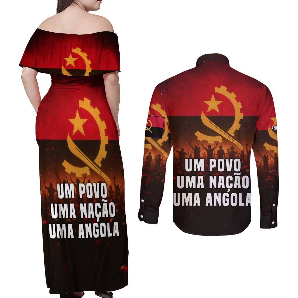Angola Couples Matching Off Shoulder Maxi Dress and Long Sleeve Button Shirt with Red Black Yellow Grunge Design - Wonder Print Shop