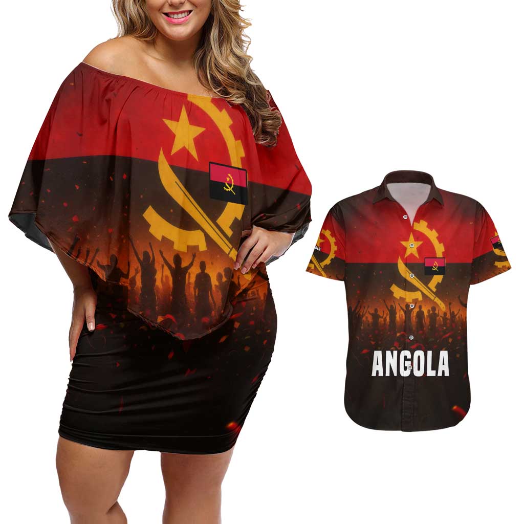 Angola Couples Matching Off Shoulder Short Dress and Hawaiian Shirt with Red Black Yellow Grunge Design - Wonder Print Shop