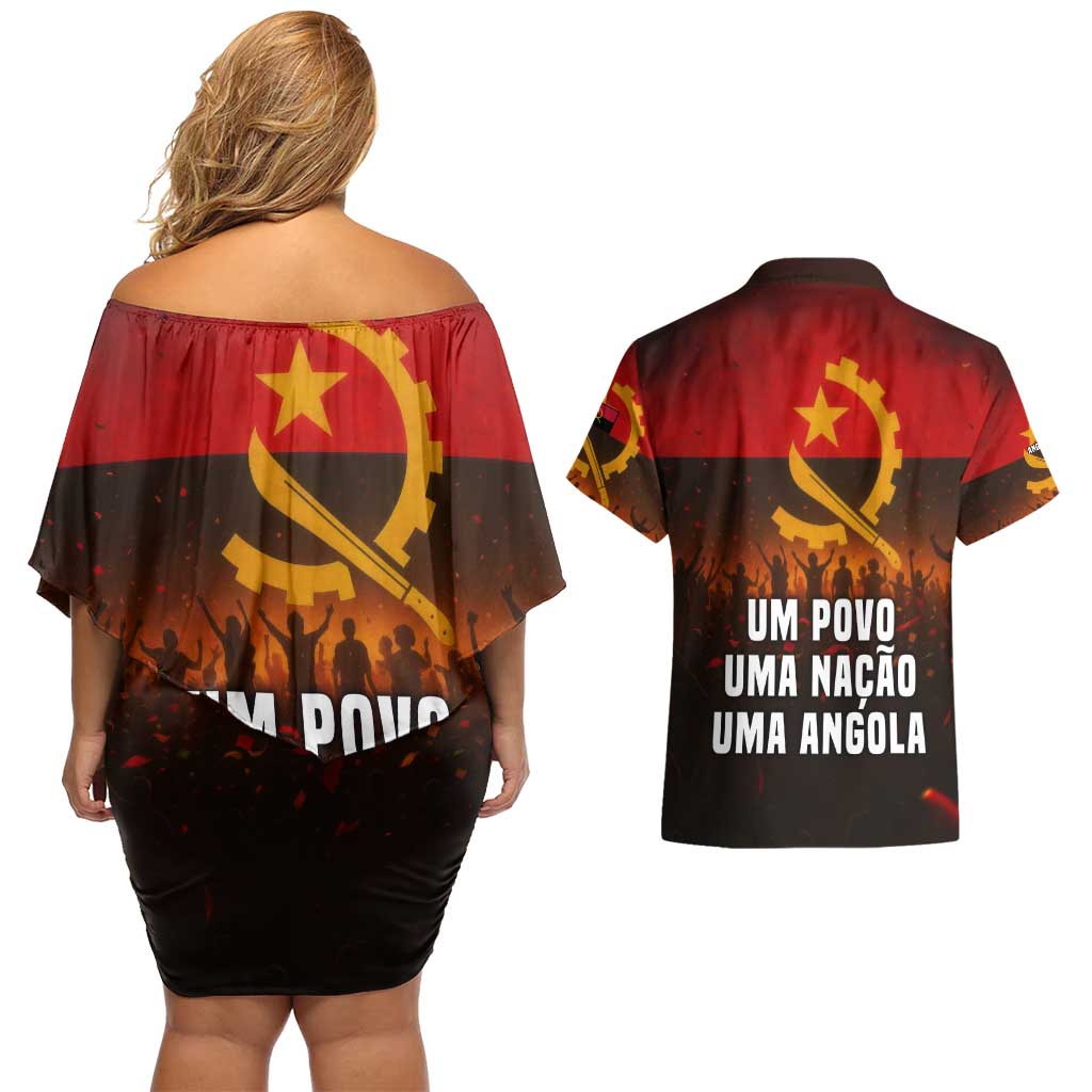 Angola Couples Matching Off Shoulder Short Dress and Hawaiian Shirt with Red Black Yellow Grunge Design - Wonder Print Shop