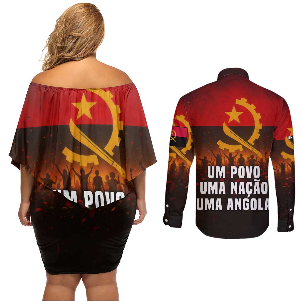 Angola Couples Matching Off Shoulder Short Dress and Long Sleeve Button Shirt with Red Black Yellow Grunge Design - Wonder Print Shop