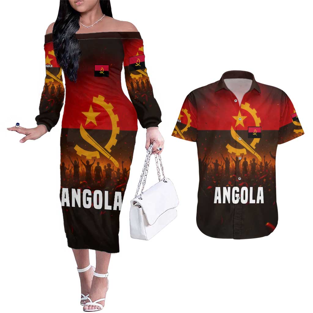 Angola Couples Matching Off The Shoulder Long Sleeve Dress and Hawaiian Shirt with Red Black Yellow Grunge Design - Wonder Print Shop