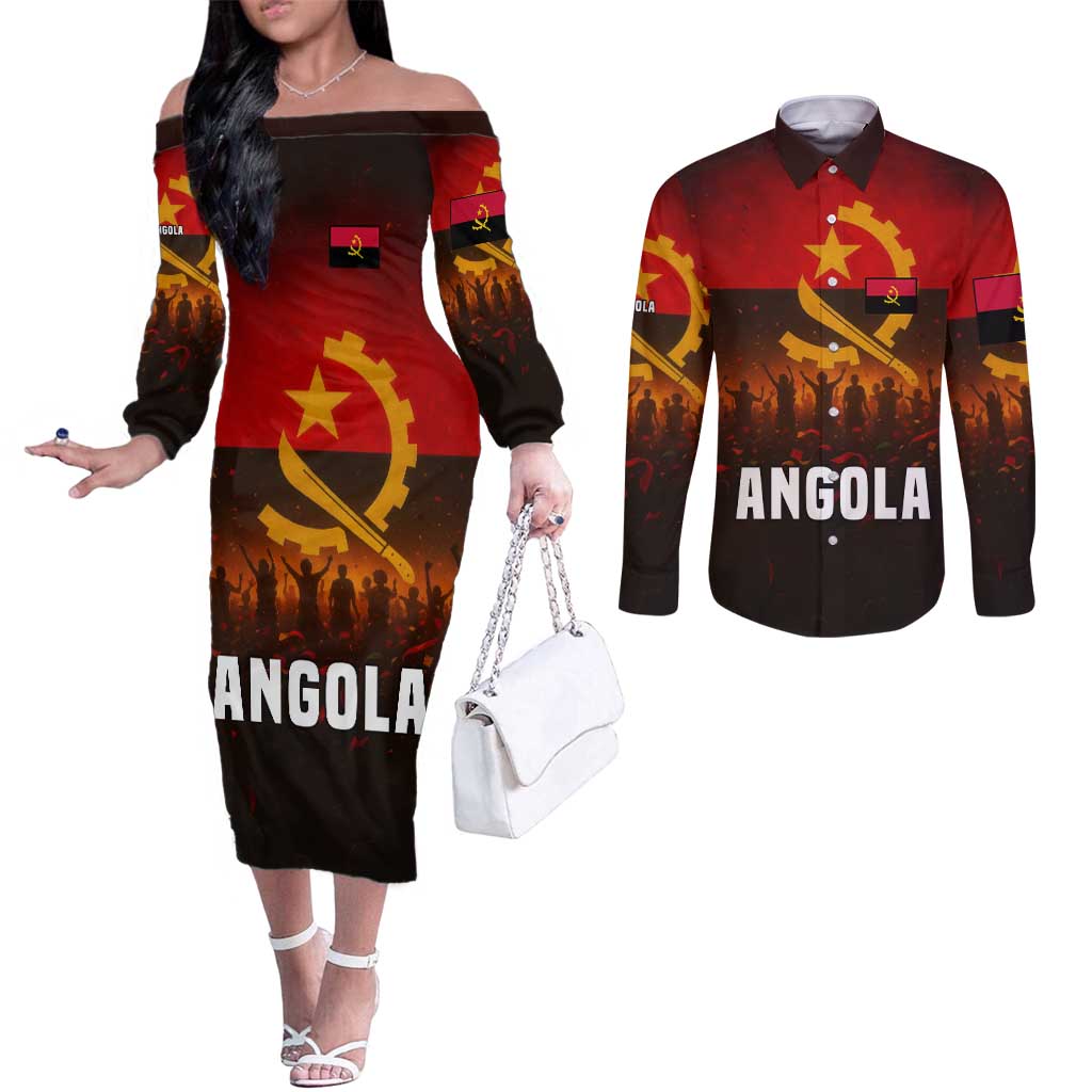 Angola Couples Matching Off The Shoulder Long Sleeve Dress and Long Sleeve Button Shirt with Red Black Yellow Grunge Design - Wonder Print Shop