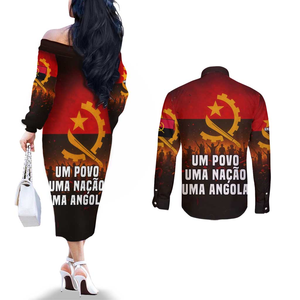 Angola Couples Matching Off The Shoulder Long Sleeve Dress and Long Sleeve Button Shirt with Red Black Yellow Grunge Design - Wonder Print Shop