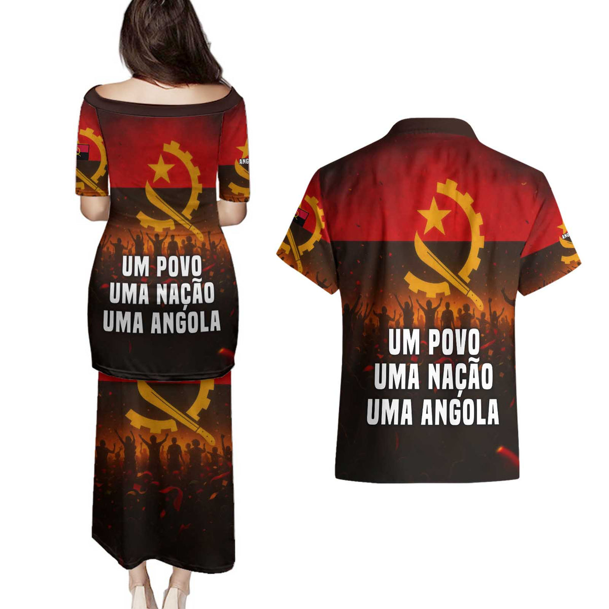 Angola Couples Matching Puletasi and Hawaiian Shirt with Red Black Yellow Grunge Design - Wonder Print Shop