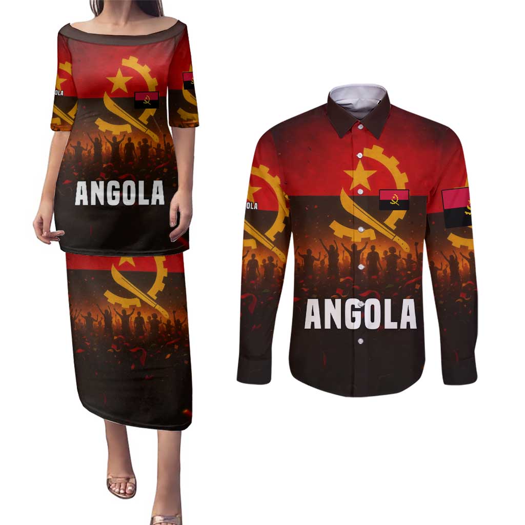 Angola Couples Matching Puletasi and Long Sleeve Button Shirt with Red Black Yellow Grunge Design - Wonder Print Shop